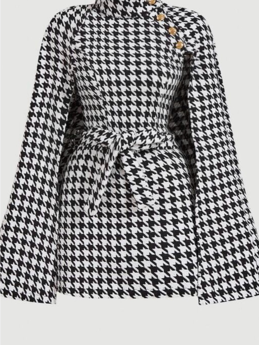 SHEIN Black & White Houndstooth Belted Blazer with Gold Buttons